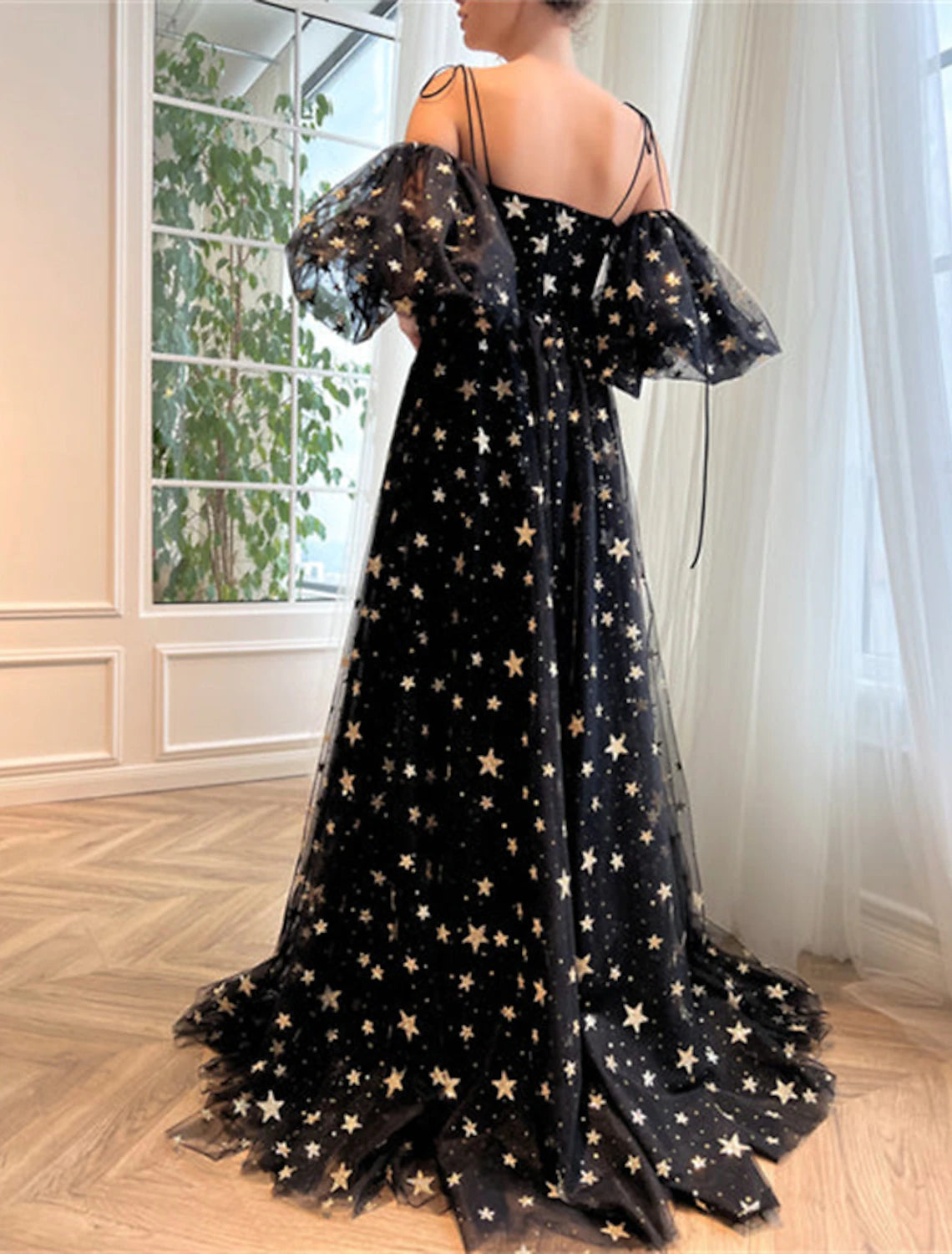 A-Line Prom Dresses Sparkle & Shine Dress Wedding Party Birthday Sweep / Brush Train Half Sleeve Off Shoulder Tulle with Sequin Slit
